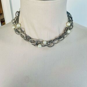 Necklace Triple Strand Faux Pearls Silver tone Toggle Clasp Designer Look